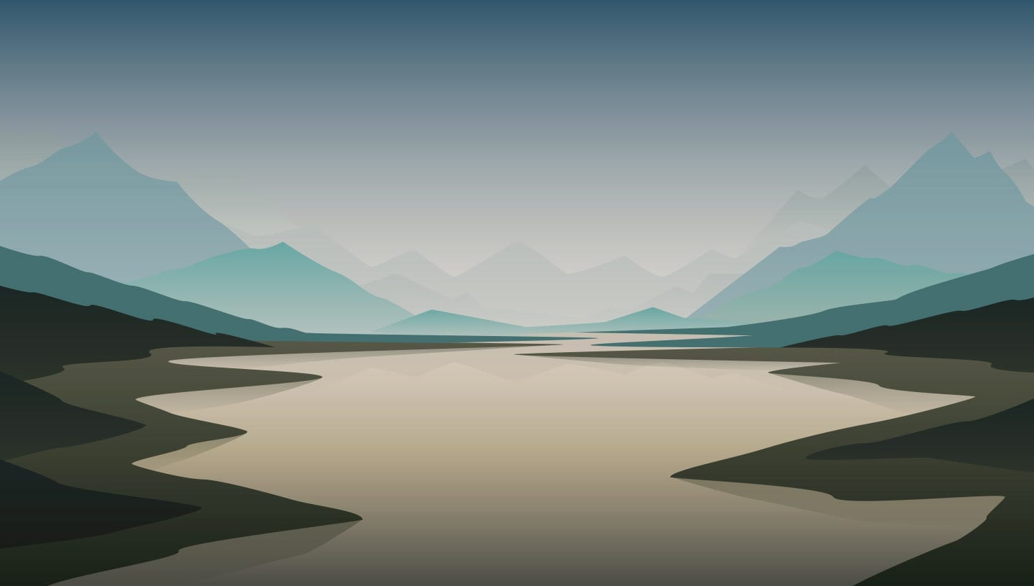 Puron graafinen maisema, jossa on synkkä järvimaisema ja vuorijono