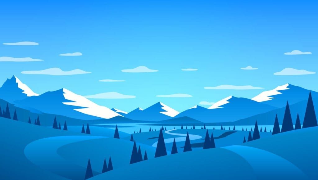 Puron graafinen talvimaisema, jossa takana on vuorijono ja tie, joka kiemurtelee lumisten kumpujen välissä