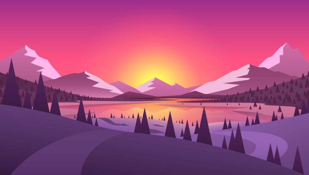 Puron graafinen ja meditatiivinen auringonlasku, jossa on vuoria, metsää ja järvi