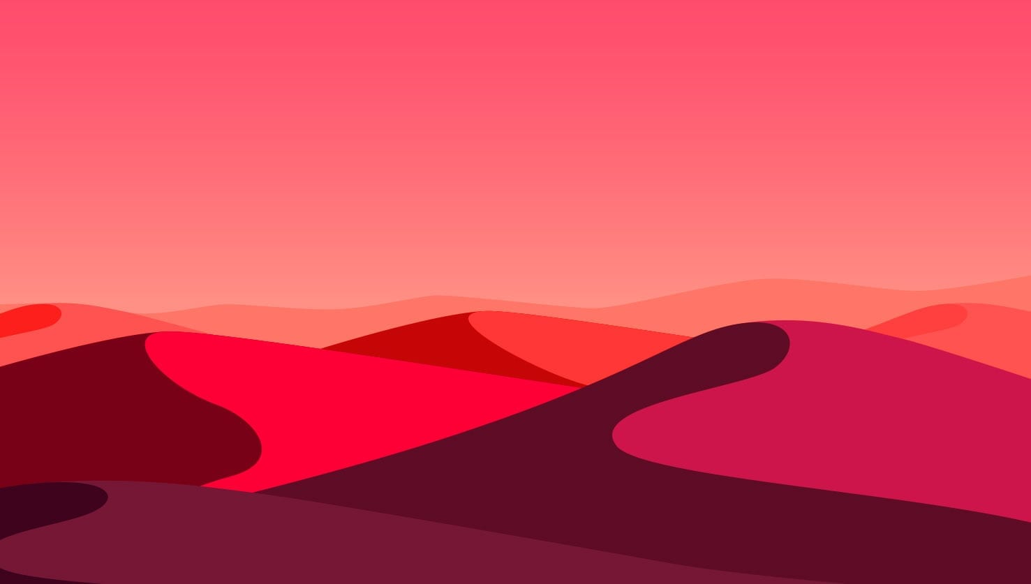 Puron graafinen iltahämäräinen dyynimaisema, jossa hiekkaiset dyynit hohtavat punertavaa sävyä