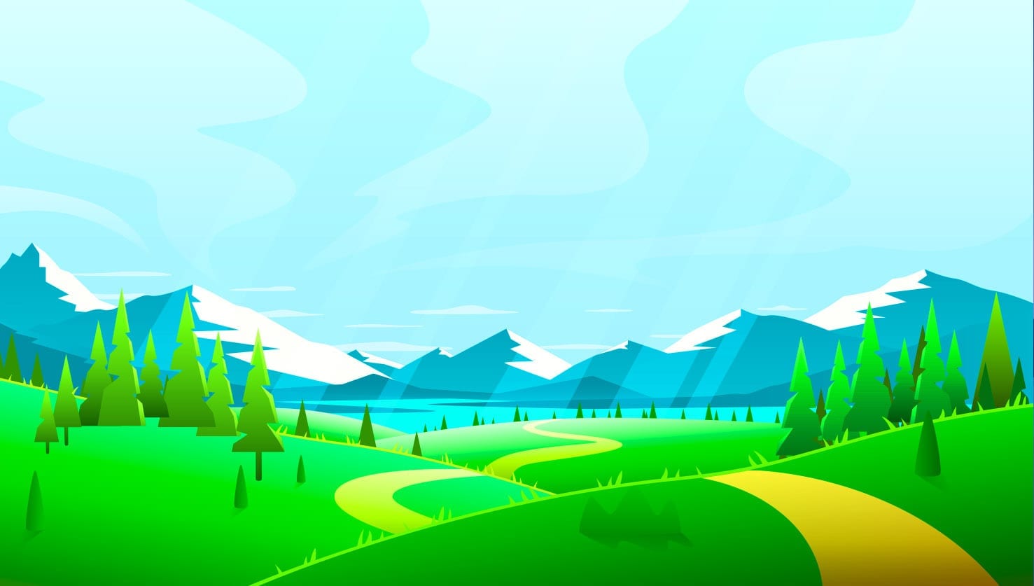 Puron graafinen maisemakuva, jossa auringon säteet valaisevat kaunista kumpuilevaa maisemaa. Takana vuorijono ja kirkasvetinen järvi