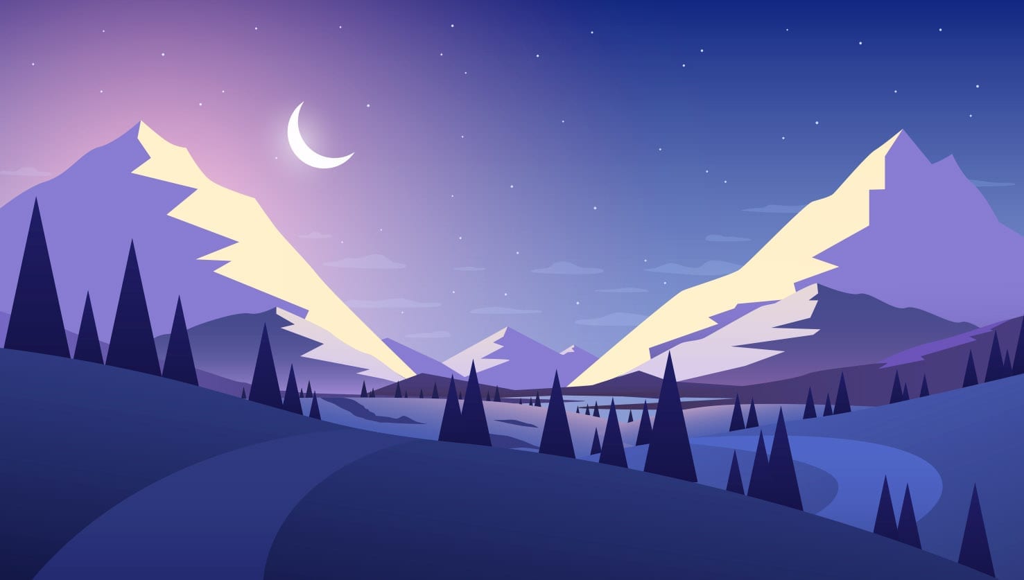 Puron graafinen yömaisema, jossa kuun sirppi loistaa vuorien takaa valaisten kuuset ja järven